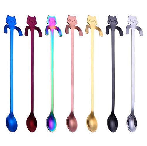Set of 7 Cute Cat Design Long Handle Ice Tea Spoons - Stainless Steel Hanging Mixing Stirring Spoons, 7.8 Inch Coffee Teaspoons and Scoops for Mug