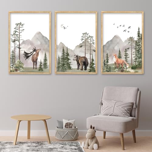 Set Of 3 Wild Woodland Nursery Animals Wall Art Decor 16x11 Inch Safari Foggy Forest Deer Bear Fox Posters Wood Framed Sign Jungle Children's Boys Girls Room Watercolor Prints Hang (Wood)