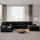 YITAHOME Oversize U-Shaped Sofa with Cup Holders, Cat Scratch-Proof Fabric Sofa Couch with Deep Seat and Wide Armrest, Modern 6-Seater Sectional Couch for Living Room Office Apartment, Black