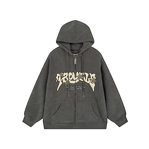 Sumleno Y2K Zip Up Hoodie Letter Print Star Graphic Grunge Hooded Corduroy Sweatshirt Jacket Oversized Retro Y2k Clothing (Gray,M)