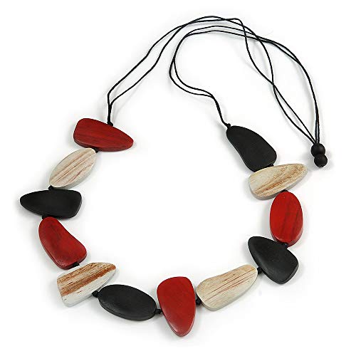 Avalaya Geometric Melange Red/White/Black Wood Bead Black Cotton Cord Necklace - 94cm L (Max Length) Adjustable