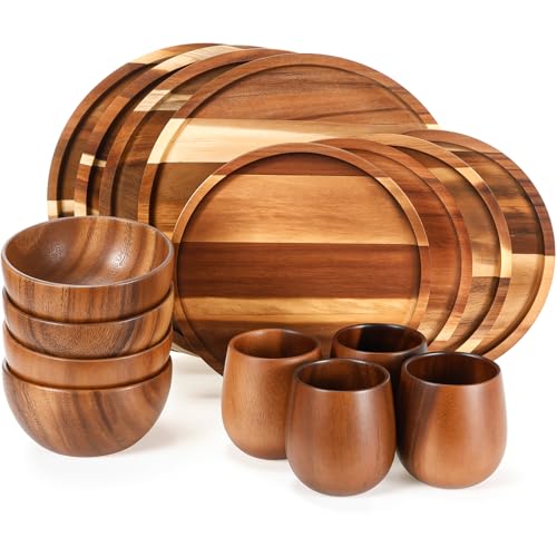 Maxdot 16 Pcs Acacia Wood Dinnerware Set, Round Wooden Plates,Solid Wooden Bowls and Tea Cups, Acacia Wood Tableware Supplies, Easy Cleaning & Lightweight for Dishes Snack, Dessert, Set for 4