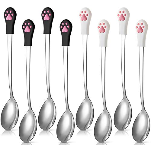 Patelai 8 Pieces Dog Cat Food Spoon Pet Can Food Spoon Stainless Steel and Silicone Canned Scoop Cute Cat Claw Scoop for Pet, White and Black