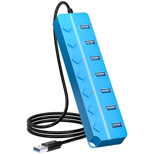 ONFINIO USB Hub 3.0, 7-Port USB Hub Splitter with Individual On/Off Switches and Lights, 3.2ft/1m Long Cable Compatible with MacBook, Laptop, Surface Pro, PS4, PC, Flash Drive, Mobile HDD-Blue