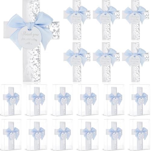 Chunful 12 Sets Epoxy Cross Magnet Baptism Favors for Guest First Communion Cross Magnet with Tag for Baptism Christening Family Gathering Baby Shower Souvenir(Thank You for Celebrating with Us,Blue)