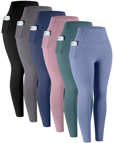 LZYVOO Leggings with Pockets for Women, 6 Packs Soft High Waisted Tummy Control Workout Yoga Pants(BlackGrayNavyPinkTealBlue-L)