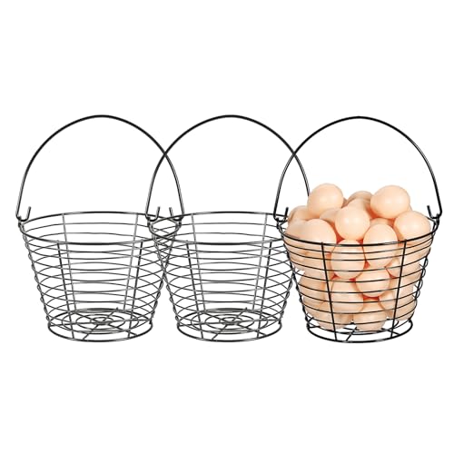 OGANAZI 3 PCS 8" Black Round Wire Egg Baskets for Fresh Egg With Handle, Small Metal Egg Collecting Basket for Gathering Fresh Eggs, Chicken and Duck Eggs Hunting Basket Egg Holder Countertop