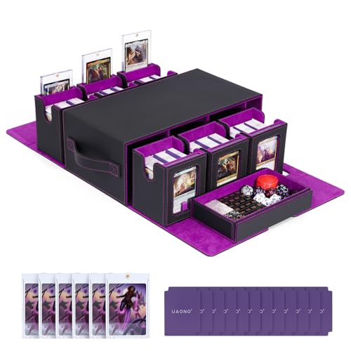 UAONO Commander Deck Box for MTG, 6-Deck Modular Card Case with Dice Tray Holds 600+ Double-sleeved Cards, Removable Trading Cards Storage Box with 35PT Magnetic Card Holders for TCG, Black Purple