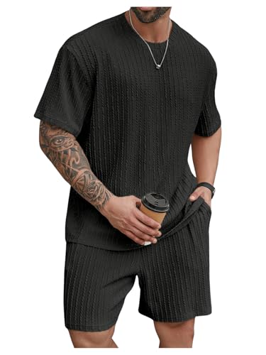 RoseSeek Men's 2 Piece Outfits Textured Drop Shoulder T Shirt and Short Sets Summer Outfits Tracksuit Plus Black 4XL
