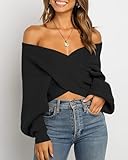 BTFBM Women Casual V Neck Long Sleeve Sweaters Cross Wrap Front Off Shoulder Asymmetric Hem Knitted Crop Solid Pullover(Solid Black, Medium)