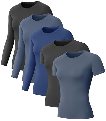 NebuKinex 5-Pack Women's Compression Shirts Long & Short Sleeve Workout Tops Athletic Baselayer Quick Dry Gym Yoga Running T-Shirt SetA XX-Large