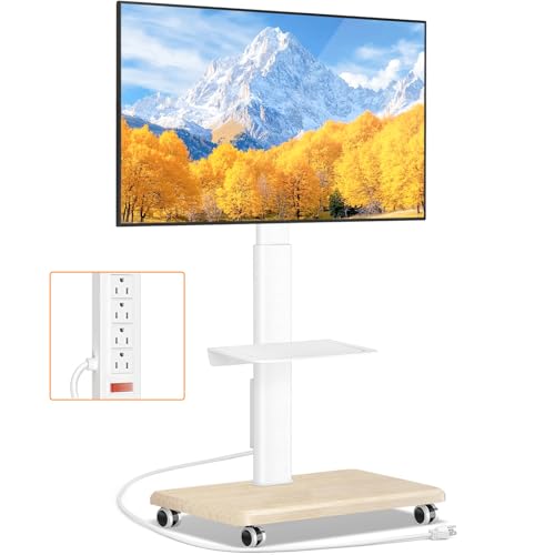 TVON Rolling TV Stand for 32 to 65 70 Inch TVs, Elegant Floor TV Stand with Wheels, Mobile TV Cart with 9 Levels of Height Adjustment (White, Wooden Base with Power Outlet+1 Shelf)