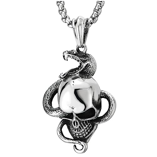 COOLSTEELANDBEYOND Men Stainless Steel Snake Skull Pendant Necklace, Punk Rock, 30 inches Wheat Chain