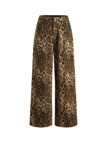 CIDER Denim Mid Waist Leopard Wide Leg Pants: Yellow, M