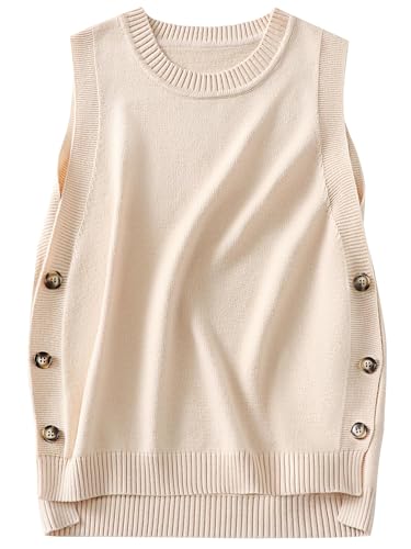 ANRABESS Womens Sweater Vest Summer Sleeveless Crewneck Ribbed Knit Side Button Pullover Tank Tops 2025 Outfits Beige Small