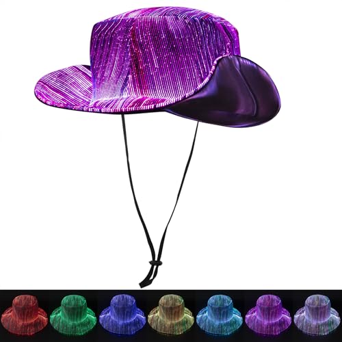 LIOVODE LED Bucket Hat, 7 Colors Rave LED Hats for Men Women Rechargeable Light up LED Cowboy Hat Wide Brim Neon Outfit for Night Dance Party (Black)