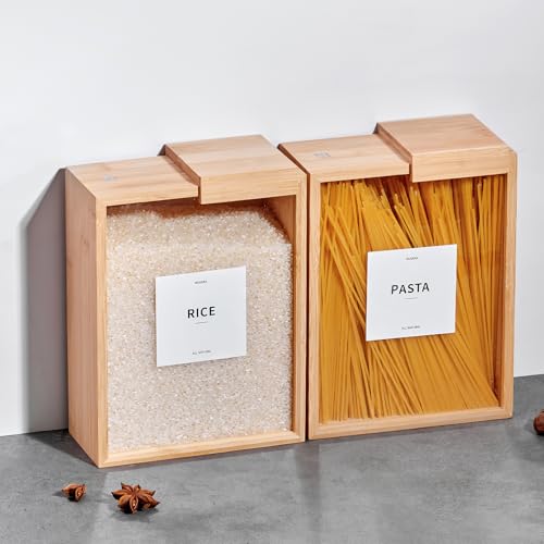 MUVEKA Bamboo Food Storage Container, 75oz /2000ml Clear Food Storage Container, 2Pcs Book-Style Canister for Kitchen, Square Pantry Organization with Labels for Sugar, Nut, Coffee Bean, Cereal, Tea