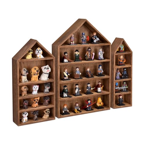 Ikee Design 3 Pcs Set House-Shaped Shelf Wooden Shadow Cubby Box Display Shelf Organizer Storage Display Shadow Box for Mini Figures,15 Compartments, Brown Color