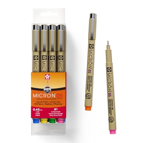 SAKURA Pigma Micron Fineliner Pens - Archival Black and Colored Ink Pens - Pens for Writing, Drawing, or Journaling - Black and Colored Ink - 05 Point Size - 16 Pack