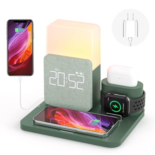 Wireless Charging Station, iPhone 3 in 1 Fast 15W Wireless Charger with Alarm Clock and Night Light, Charging Dock for iPhone 12/13/14/15/16 Pro/Pro Max, Samsung, AirPods