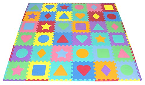 ProSource Kids Foam Puzzle Floor Play Mat with Shapes & Colors 36 Tiles, 12"x12" and 24 Borders