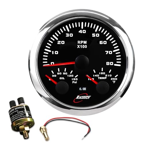 RACETECH 3-3/8" 85mm Black Dial 3-in-1 Electrical Tachometer 8000 RPM Hour Meter Oil Pressure Gauge 150 PSI Water Temp Gauge 250 F 12V 24V Oil Pressrue and Water Temp Sender Included