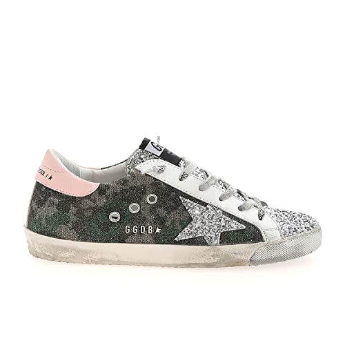 Golden Goose Super-Star Lurex Camouflage Glitter Upper Silver Toe and Star Leather Heel Womens Distressed Sneaker GWF00101.F001638.80828-39