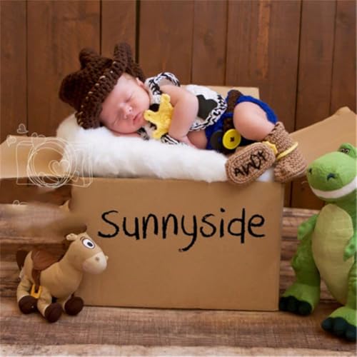 Vomdrok Newborn Photography Props Cowboy Outfit Boy Girl Photo Shoot Outfits Crochet Knitted Clothes Cowboy Hat Vest Shorts Set