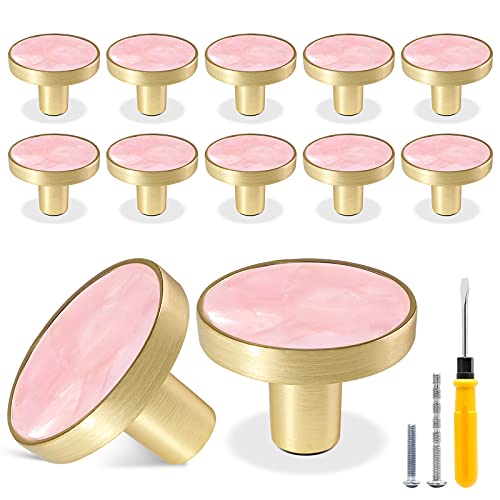 Cionyce 12 Pack Gold Knobs for Dresser Drawers, Brass Dresser Knobs Round Cabinet Knobs for Kitchen Cabinet Cupboard Door Decorative Furniture Hardware, 1-1/4" Diameter, Pink