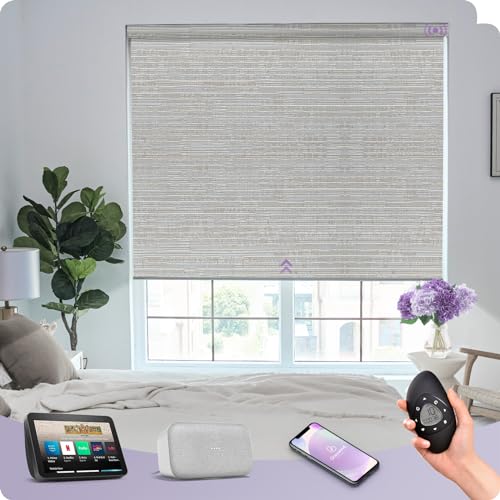 Graywind Smart Blackout Roller Shades Compatible with Alexa Google Textured Fabric Rechargeable Motorized Blinds Cordless Remote Control Window Shades, Custom Size (Metallic Fuscous Grey)