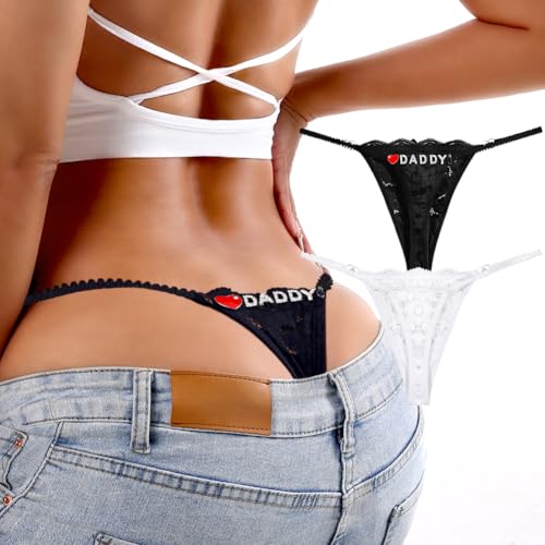 WKTYCCT 2Pack Women G-String Thongs T Back Low Rise Lace Panties Funny Thongs with Letters Cute Sexy Underwear (US, Alpha, X-Large, Regular, Regular, 2pack-White/Black-DDY)