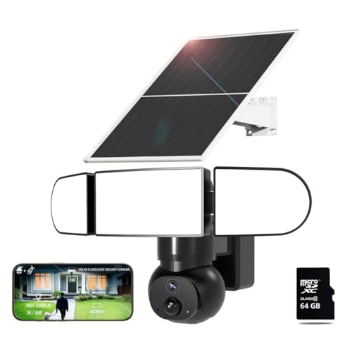 Sdstone Solar Floodlight Camera,Security Camera Wireless Outdoor（64GB TF Card ） 360°View Pan/Tilt, 2K HD,2.4GHz WiFi Camera with Color Night Vision/PIR Sensor/2-Way Audio/Alexa, IP65, 105dB Siren