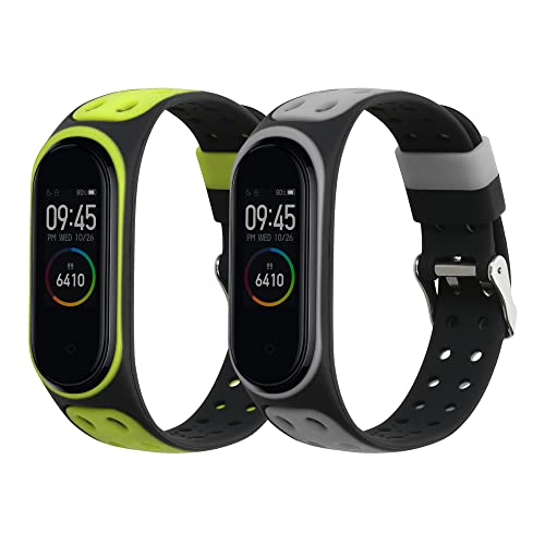 kwmobile Straps Compatible with Xiaomi Mi Band 4 Straps - 2x Replacement Silicone Watch Bands - Black/Grey/Black/Green