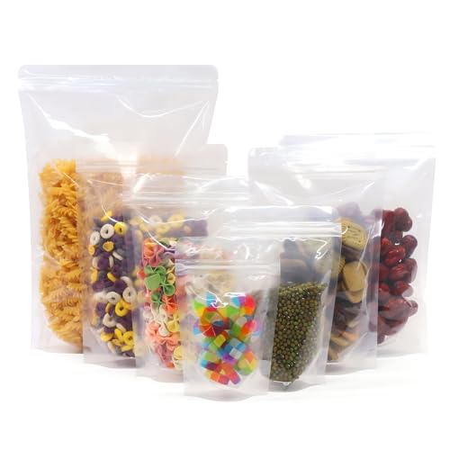 SumDirect 100Pcs 7x10.2 Inches Clear Stand Up Food Bags, Zipper Stand-up Reusable Sealing Food Pouches Snack Packing Bag with Tear Notch Heat Resealable for Storing, Cookie, Snack Tea and Drinking