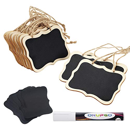 ONUPGO 16 Pack Chalkboard Tags with String, 4"x3" Hanging Chalkboard Signs with Liquid Chalk Marker, Wooden Mini Blackboard Tags Massage Board Tags, Hanging Chalkboard Price Tags