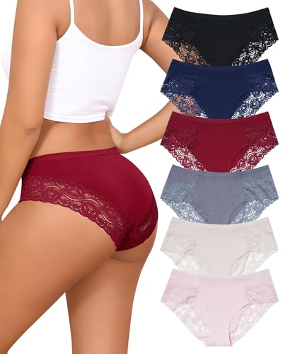 LEVAO Cotton Underwear for Women Lace Cheeky Bikini Panties Stretch Ladies Soft Hipster Briefs 6 Pack S-XXL