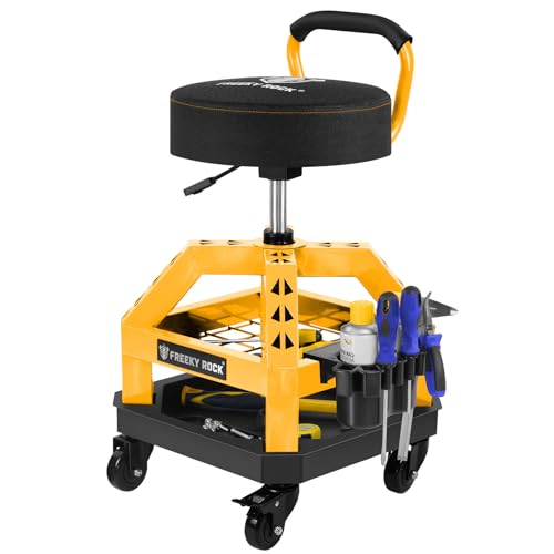 FREEKYROCK Rolling Shop Stool with Wheels, Heavy Duty Garage Work Mechanic Stool with Backrest, Adjustable Height 360°Swivel Rolling Chair with Tool Tray Storage, 330 LBS Capacity, Yellow