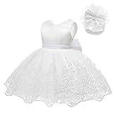 LZH Baby Girls Lace Embroidery Dress Bowknot Party Dress Bridesmaid Wedding Gown with Headwear A-White