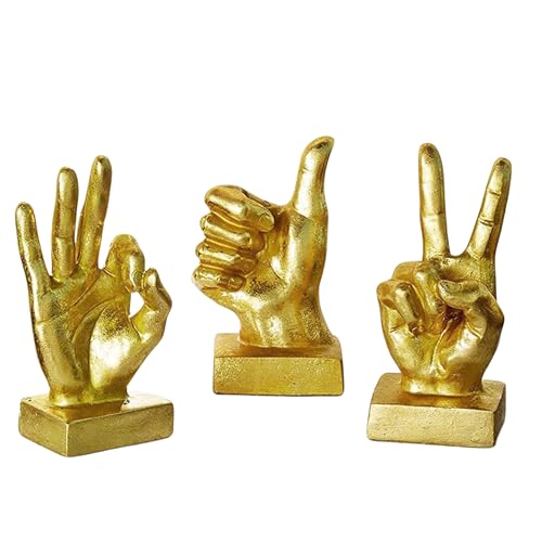 Bellaa 24337 Hand Gesture Statues Set of 3 Finger Thumbs Up Peace Ok Creative Modern Art Figurine Golden Sculpture Shelf Home Decor Living Room Bedroom Bookshelf Desk Coffee Table