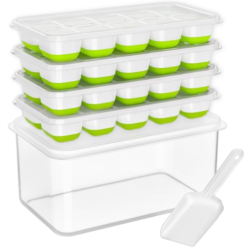 DOQAUS Ice Cube Tray with Lid and Bin, 4 Pack Silicone Plastic Ice Cubes Trays for Freezer with Box/Container, Stackable with Storage Iced Bucket Kits, Scoop, for Baby Food, Cocktail, Coffee