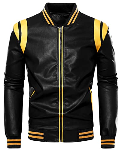 chouyatou Men's Casual Color-Block Patches Full Zip Fleece Lined Pu Leather Varsity Bomber Jacket (Black-Yellow, Small)