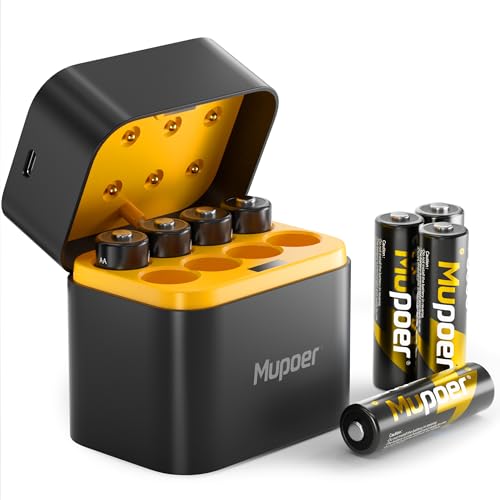 Mupoer Rechargeable Lithium Batteries AA 8-Pack with Charger, 1.5V Double A Batteries 3600mWh, Long Lasting Rechargeable AA Li-ion Battery with Integrated Charging Storage Box - Golden