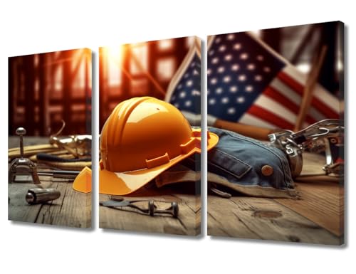 Construction Worker Wall Decor 3 Piece Yellow Protective Helmet of the Worker Pictures Art Prints Wall Decor Living Room American Flag House Decor Framed Ready to Hang (36"Wx24"H)