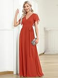 Ever-Pretty Women's Bridesmaid Dress V-Neck Ruffle Sleeves Ruched Bust Floor Length Chiffon Formal Dresses Burnt Orange US18