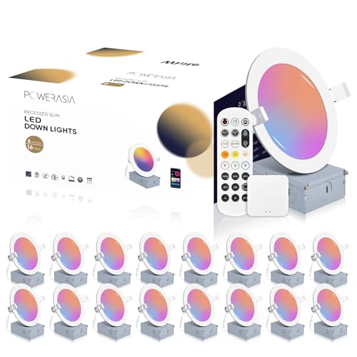 16 Pack Smart Recessed Lighting 6 Inch, Ultra-Thin LED Recessed Lighting 12W 1200LM Smart Downlight with Junction Box, Compatible with Alexa/Google Assistant, Hub Included - ETL and Energy Star