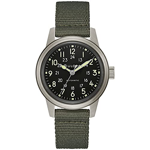 Bulova Men's Military Heritage Hack Veteran's Watchmaking Initiative Watch in Stainless Steel with 3-Hand Automatic, Black NATO Leather Strap Style: 96A259