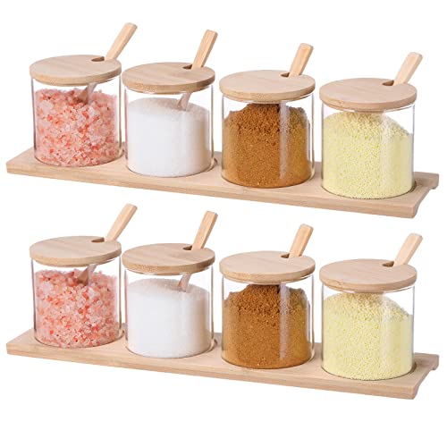 Zubebe 8 Pcs 10 oz Clear Glass Seasoning Jar with Wooden Lid and Spoon Adorable Sugar Condiment Jar Canisters Pot Set Bath Salt Sugar Storage Container Box for Home Cafe Kitchen