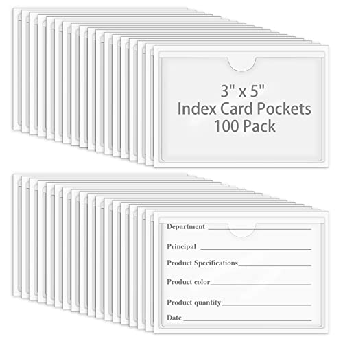 100 Pack Self-Adhesive 3" x 5" Index Card Pockets with Top Open for Loading, Clear Plastic Index Card Lables Holder for Organizing Storage Bins and Protecting Cards Photos Labels