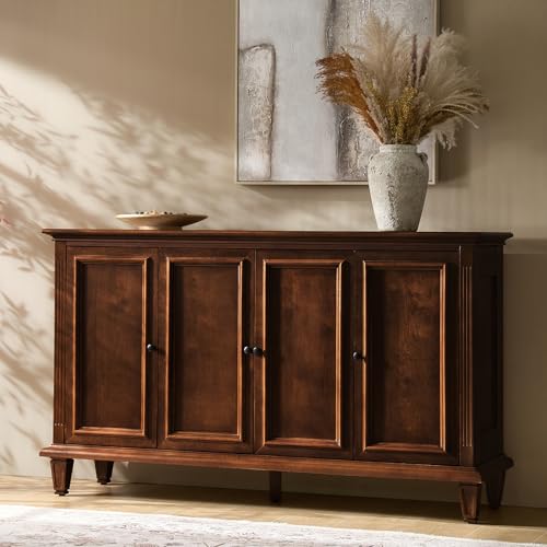 HULALA Home Traditional Sideboard Buffet with Racks, Rubber Wood Legs, 58" Cabinet with Drawer Organizers for Living Room/Kitchen, Walnut