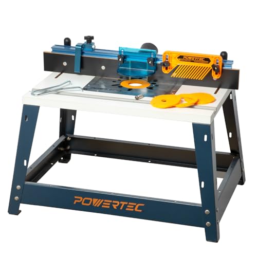 POWERTEC Benchtop Router Table w/Metal Stand and Adjustable Fence Set – 24" x 16" Laminated MDF Top, Aluminum Insert Plate, 2-1/2" Dust Port, Fence Stop, Featherboard and More Accessories (71963)